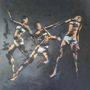 Peinture avec un fond noir montrant un corps en mouvement