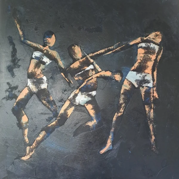 Peinture avec un fond noir montrant un corps en mouvement