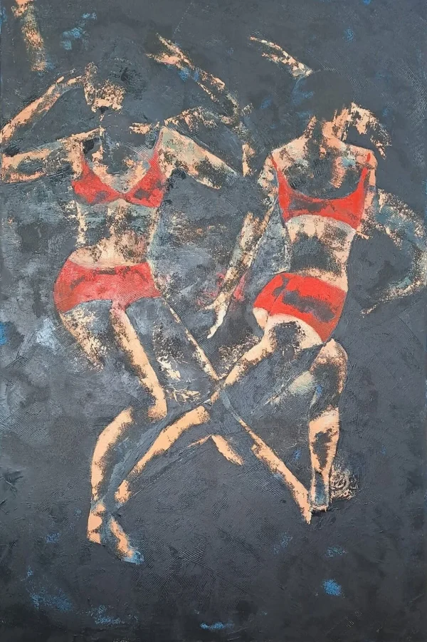 Corps Emoi Rouge est une peinture de Corinne Malfreyt inspirée par le mouvement.