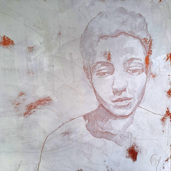 Pensée est une peinture de Corinne Malfreyt à dominante de blanc.