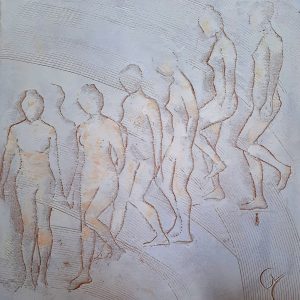 La descente d'escalier est une peinture de Corinne Malfreyt inspirée par le mouvement.
